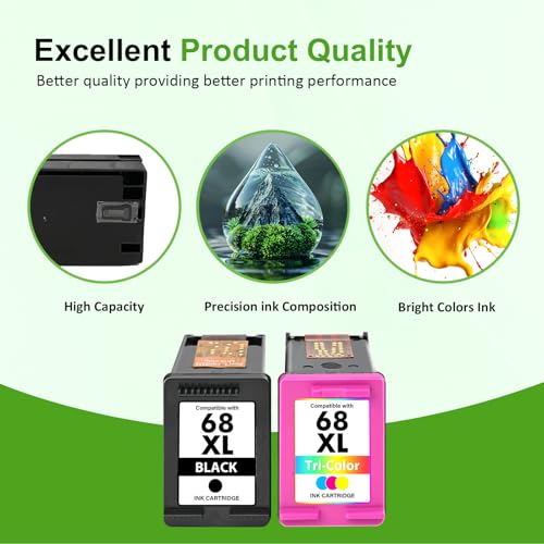 Image of 68 68XL Ink Cartridges Black /Color Combo Pack for HP68 6155e 6555e Printers Envy 6100e 6500e Series 68e 68 XL Compatible for HP 6155e 6555e 6152e 6552e 6558e 6165e (2 Pack Black Tri-Color)
