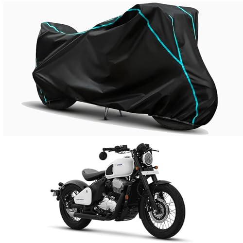 Image of Waterproof Bike Body Cover Compatible for | Jawa 42 Bobber BS6 | Taffeta Fabric, Sky Piping Design, Bottom Elastic Fit | Dustproof, Sun UV & Rain Protection for All Weather.