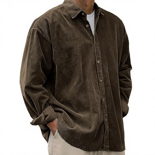 Image of Jumpers Corduroy Shirt For Men Uk Long Sleeve Button Down Collared Shirts Soft Thick Fabric Loose Fit Casual Comfortable Oversized Work Casual Smart Top for Autumn Winter 3XL Brown