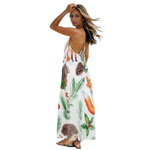 Robe longue dos nu aux motifs animaux mignons avec fines bretelles d'été