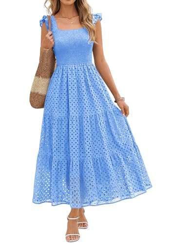 Lazysmile Womens Summer Maxi Dress Square Neck Ruffle Cap Sleeve Hollow Out Eyelet Smocked Tiered A Line Boho Sundress Light Blue