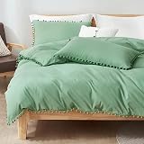 FROHAUL Pom Pom King Duvet Cover,100% Cotton Duvet Cover King Size,Lightweight& Breathable Boho Sage