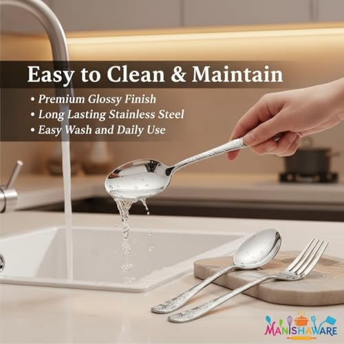 Image of Classic Silver 8 Pcs Stainless Steel Cutlery Set for Dining Table, Dishwasher Safe Glossy Flatware (Perfect Spoon Fork Set)