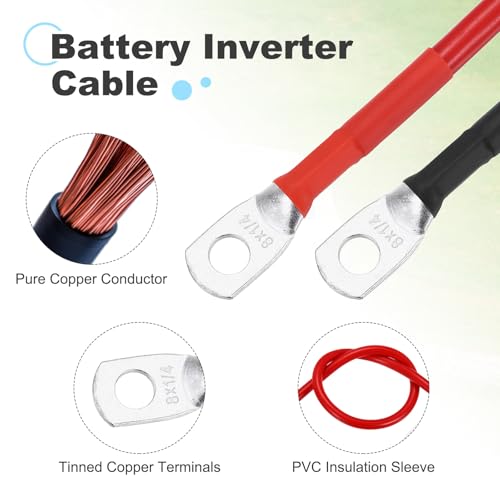 sourcing map 2PCS 8 AWG Battery Cable, 2ft Pure Copper Battery Inverter Cables with 1/4" Ring Terminals for Marine Solar Boat Car RV, Red Black - Image 2