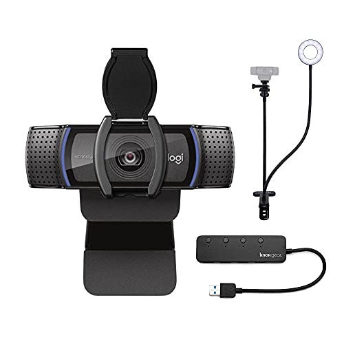 Logitech C920S Pro HD Webcam Bundle with Knox Gear Webcam Stand with Selfie Ring Light and 4-Port USB Hub (3 Items)