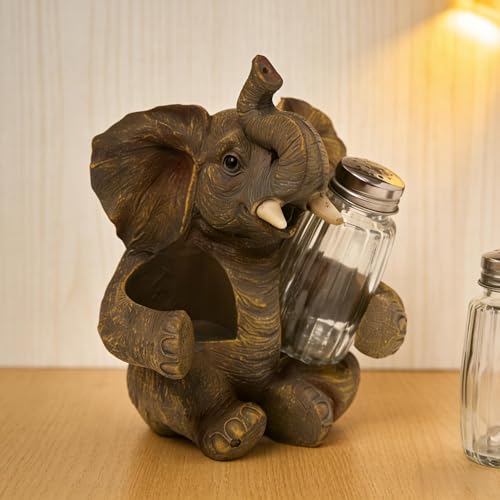 Elephant Salt And Pepper Shakers Set with Glass Spice Jars - Salt And Pepper Dispenser with Resin Elephant Figurine And Statues Holder - Farmhouse Kitchen DéCor