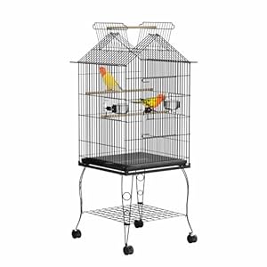 Vogelkäfig mit Ständer Wellensittlichkäfig mit Dach zum Öffnen 55 x 55 x 145 cm Vogelvoliere Papageienkäfig Tropfenvogelkäfig mit Futterhaus und Sitzstange aus Holz für Wellensittiche