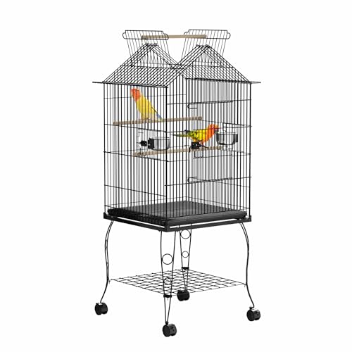 Vogelkäfig mit Ständer Wellensittlichkäfig mit Dach zum Öffnen 55 x 55 x 145 cm Vogelvoliere Papageienkäfig Tropfenvogelkäfig mit Futterhaus und Sitzstange aus Holz für Wellensittiche