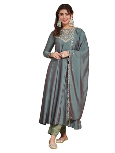 Image of MOKOSH Women's Embroidered Silk Anarkali Kurta Pant with Dupatta | Anarkali Kurta Set | Embroidered |Occasion & Festive Traditional | 3 Piece Outfit
