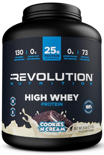 Revolution Nutrition, High Whey, Protein Powder 6LB, Whey Isolate, Gluten Free, Lean Muscle Mass for Men & Women, 25g of Protein Per Scoop, 2.7kg, 73 Servings (Cookies & Cream, 6 Pound)