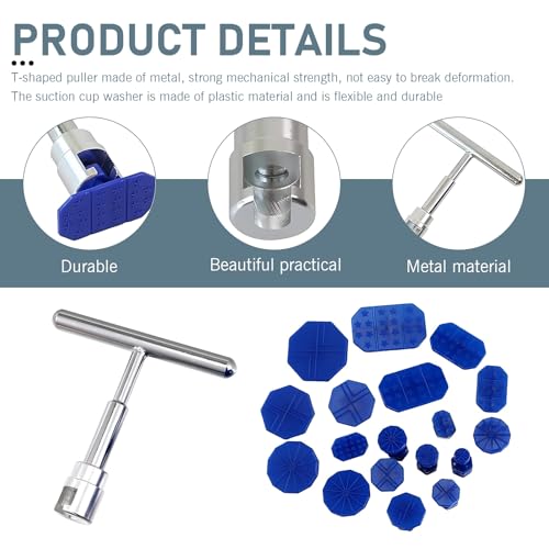 Image of 19 PCS Car Dent Repair Tool, Short T-Handle Puller + Eighteen Specifications of Dent Suction Cup Puller, Detachable Portable Multifunctional Universal for Car Repair Accessory (Blue & Silver)