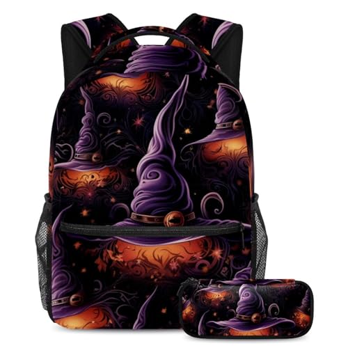 Sac à dos Halloween 3 pièces avec trousse et chapeau multicolore pour la rentrée scolaire des enfants