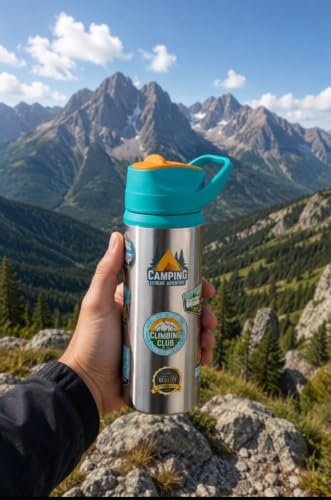 Image of Stainless Steel 600ML Sipper Water Bottle for kids & adults | Leakproof BPA Free School Water Bottle | Camping Adventure Print Steel Sipper Bottle (Pack of 1, Green)