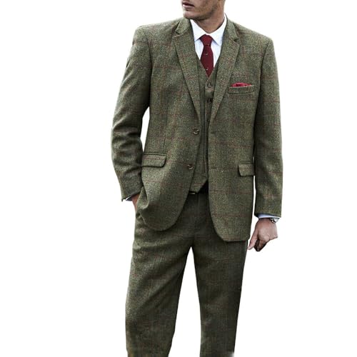 Premium Mens Green Irish Tweed Slim Fit Suit Set Groom Plaid Tuxedo Blazer Vest Pants