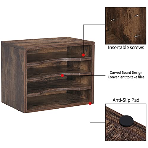 Snughome Vintage Wood File Organizer Desktop, 13.4’’ Document Letter Mail Tray Sorter With 3 Adjustable Shelves, Wooden Desktop Paper File Sorter Holder For School Home Office Supplies(Rustic Brown) #TOP2