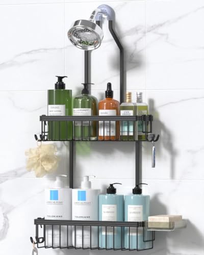 Image of YASONIC Never Rust Shower Caddy Hanging, Aluminum Shower Racks for Inside Shower, 2-Tier Shower Organizer Hanging Over Shower Head with Hooks and Soap Holder, Black