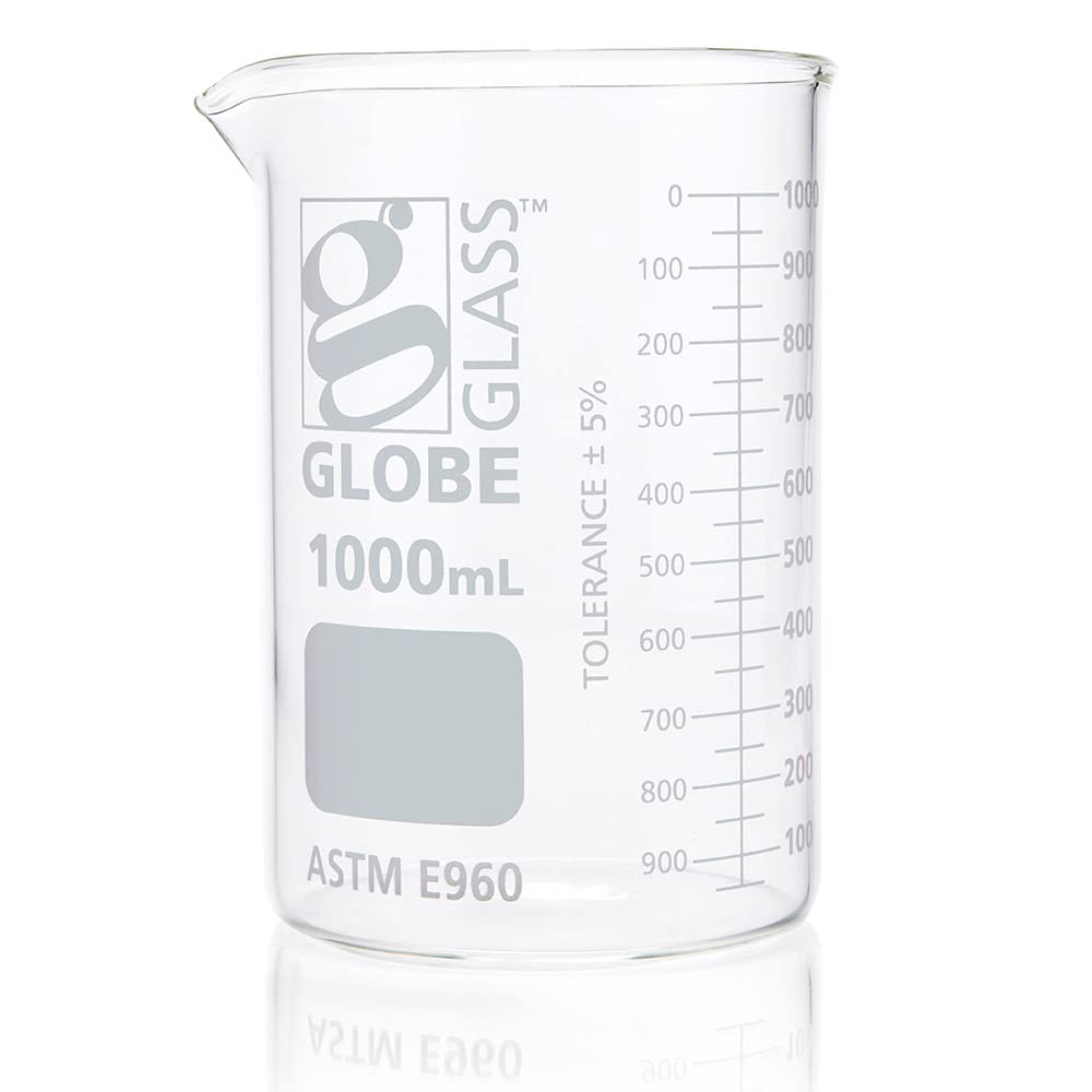 Globe Scientific Vaso de precipitado, vidrio de globo, 1000 ml, forma baja estilo Griffin, graduaciones dobles, vidrio de borosilicato 3.3, ASTM E960, caja de 6 (8011000)