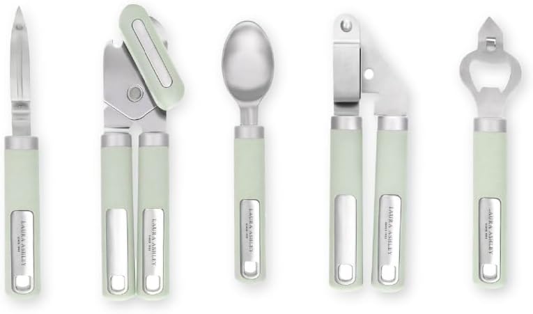 Laura Ashley 5-Pcs Kitchen Tools & Gadgets - Soft Grip, Heat Resistant, Dishwasher Safe - Stainless Steel Kitchen Utensils set Includes Garlic Press, Peeler, Can Opener, Bottle Opener, Ice Cream Scoop