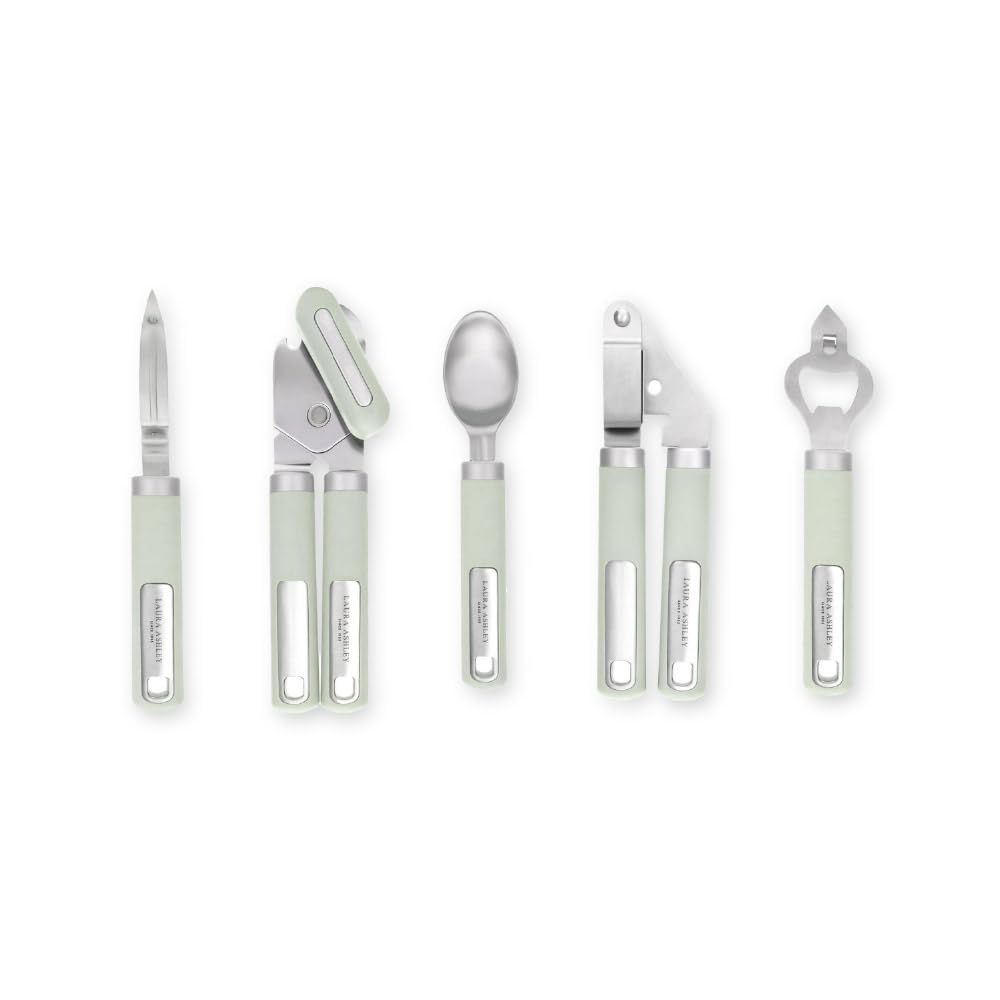 Laura Ashley 5-Pcs Kitchen Tools & Gadgets - Soft Grip, Heat Resistant, Dishwasher Safe - Stainless Steel Kitchen Utensils set Includes Garlic Press, Peeler, Can Opener, Bottle Opener, Ice Cream Scoop