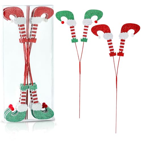 ZHANYIGY 8Pcs Christmas Elf Feet Picks - Red White/Red Green Tree Decoration Ornaments for Home Office Party