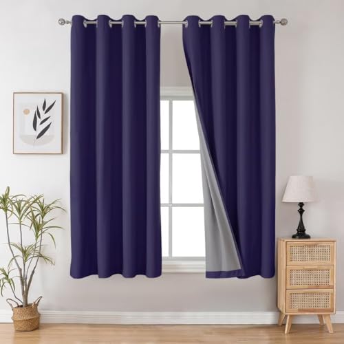 Image of Joydeco Navy Blue Blackout Curtains 63 Inch Length for Bedroom, Black Out Curtains 63 Inch Long 2 Panels Burg for Living Room, Thermal Insulated Solid 63 Inch Drapes with Grommets