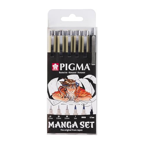 SAKURA Pigma Manga-Stifte-Set in Schwarz (6er-Stück) | 3 Fineliner, Grafik-Liner, Pinselstift + Druckbleistift | Für Cartoons und Zeichnungen