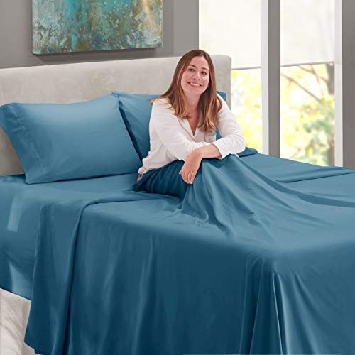 Image of Nestl Queen Bed Sheet Set - Blue Heaven - 4-Piece Extra Deep Pocket | Instantly Soft, Night-One Ready (No Wash Required). Fits Extra Deep Pockets up to 24 Inches, 360-Degree Elastic Grip