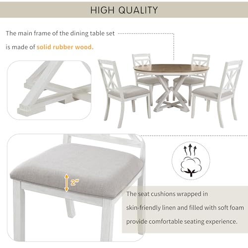 Image of 5-Piece Extendable Dining Set, Retro Kitchen Table for 4 6 People with Removable Middle Leaf and 4 Upholstered Chairs, Round Dining Table for Kitchen, Dining Room, White Brown