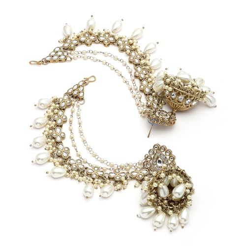 Image of Zeneme Traditional Gold Plated White Kundan Pearl Beaded Jhumkas With Multi Layered Ear Chain Earrings for Women & Girls