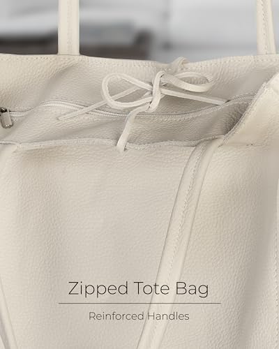 Image of Genuine Italian Leather Tote Bag for Women, Large Slouchy Purse, Beige | Unstructured bag, raw unlined interior with zip pocket, top zipper, side ties, folds flat, fits a 16-inch laptop, lightweight