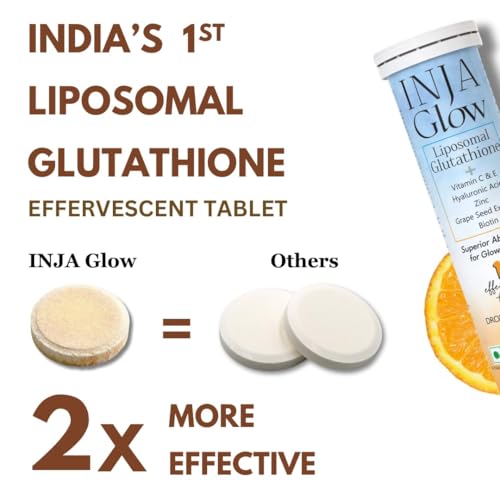 Image of INJA Glow Liposomal Glutathione with Vitamin C & E, Hyaluronic Acid, Zinc, Biotin & Grape Seed Extract, Reduces Dark Spots, Enhances Skin Glow & Collagen, Orange Flavour, 15 Tablets (Pack of 4)