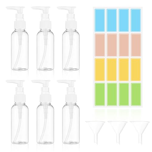 6 Pièces Distributeur à Pompe Airless 50ml, Flacon Pompe Vide en Plastique Transparent, Distributeur de Crème & Savon, Inclus 3 Entonnoirs & 1 Étiquette,...