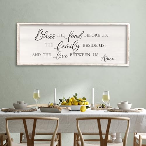 Surfapans Bless the Food Before Us Wall Decor, 40"X15" Farmhouse Dining Room Family Kitchen Sign, Christian Bible Verse Scripture Vintage Home Framed Wood Wall Art (White)