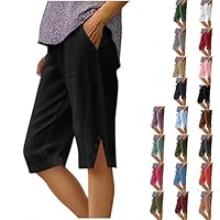 Cotton Linen Bermuda Pants for Women Casual Summer Capri Pant Drawstring High Waist Buttons Wide Leg Cropped Shorts Women's Zipper Secure Closure Black