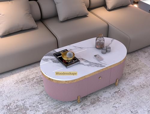 Image of Premium Marble-Top Center Table with One Storage Door and PVD Coated lron Legs and Coffee Table with Oval Design for Living Room and Entryway [ Modern coffee table ] ,42x24x18 Inch, (Pink)