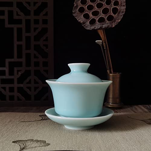 Gaiwan Kung Fu Teacups With Lid 5-Ounce Teacup And Saucer Set Porcelain Chinese Celadon (Sky Blue) #TOP1