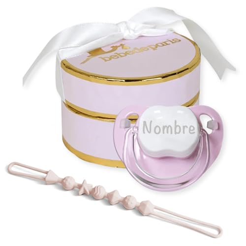 Chupete Personalizado y Chupetero de Silicona para Bebé | Set Regalo para Recién Nacido | Tetina de Silicona Suave Libre de BPA | Sujetachupetes Seguro y Práctico (Rosa) | BebeDeParis