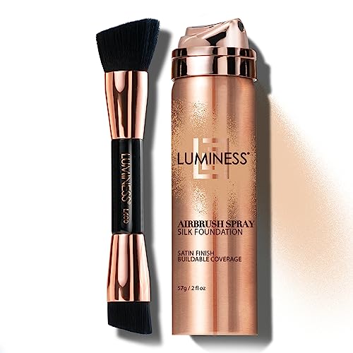 LUMINESS Silk Airbrush Spray Foundation & Buffing Brush Kit – Full Coverage Foundation & Dual-Sided Buffing Brush - Buildable Coverage, Anti-Aging Formula Hydrates & Moisturizes (Shade - Fair)