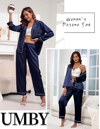 Image of UMBY Silk Satin Pajamas for Women Set 2 Piece Silk Pjs Long Sleeve Top Cozy Sleepwear Silky Pajamas