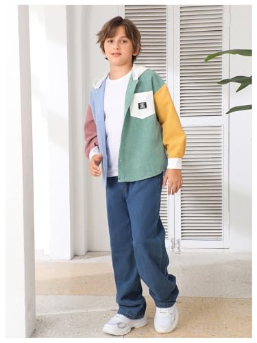 Image of Verdusa Boy's Color Block Hooded Corduroy Jackets Casual Long Sleeve Outerwear with Pocket
