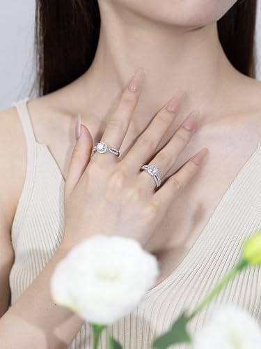 1-2ct Moissanite Engagement Ring for Women,3-Row Halo Setting 6.5-8mm Main Stone D Color VVS1 Simulated Diamond,Wedding Promise Anniversary Ring 925 Silver Jewelry Gift for Women, All Size4