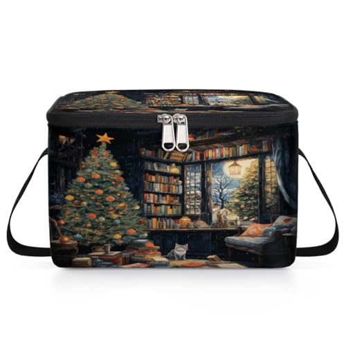 GzLeyigou Christmas Tree Books Lunch Bags for Women Men 9 Cans, Hot & Cold Food Delivery Bag Insulated Grocery Bag Insulated Lunch Box Cooler Bag for Office Work Picnic Beach