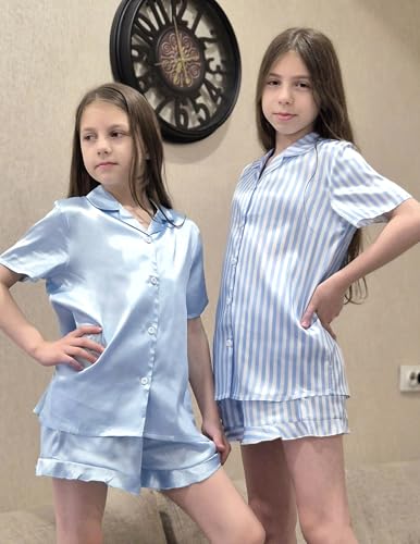 Image of Arshiner Girls Pajamas Silk Satin Pajama Set Button Pjs Ruffle Sleepwear | 2 Piece Nightwear, Silky Soft Lounge for Little & Big Kids, Ideal for Sleeping and Sleepover Party