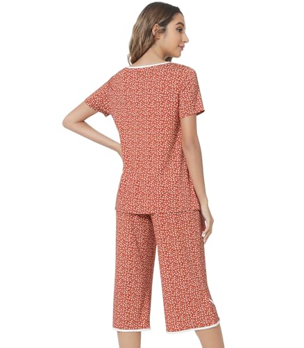 Image of NACHILA Bamboo Viscose Pajamas for Women Lace V Neck Capri Pants Pjs Set