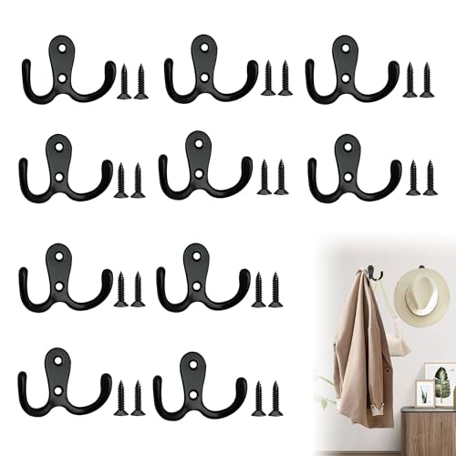 Noenaeni 10Pcs Coat Hooks Heavy Duty, Metal Double Prong Door Hooks with Screws, Wall Mounted Clothes Hook for Hanging Keys, Coats, Bags, Hats, Towels, Robes - Black Coat Hook