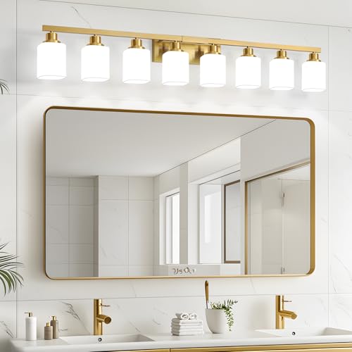 Image of Bathroom Vanity Light,8-Light Brushed Gold Bathroom Light Fixtures with Square Frosted Glass, 51in Gold Wall Lamp Sconces for Mirror Bedroom,Living Room Hallway,E26