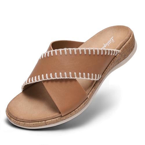 Image of Littleplum Sandals For Women Slip On Arch Support Slides Comfortable Flat Sandals Summer Breathable Adjustable Orthotic Walking Shoes for Beach,Travel Brown Size 8.5
