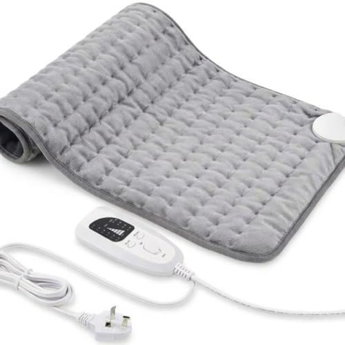 Clyv Electric Heating Pad for Back Neck Shoulder and Abdomen Comfort 6 Heat Levels Auto Shut Off Timer Fast Heating Soft Machine Washable Fabric Moist and Dry Use (12 x 24 Inch Silver Gray)