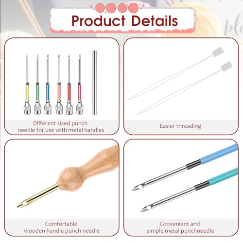 12 Pieces Punch Needle Kit, Embroidery Punch Needle Tool Adjustable Complete Puncher Needles Threader Wooden Handle Embroidery Tool for Adults Beginner DIY Craft Yarn Floss Cross Stitching - Thumbnail 3