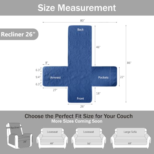 Image of Blue Recliner TV Chair Covers, Quilted Decor Water-Repellent Medium Lazy Boy Chair Covers, Pet Friendly Recliner Slipovers for Dogs Cats, Washable Couch Cover (Recliner 26 inch, Blue)
